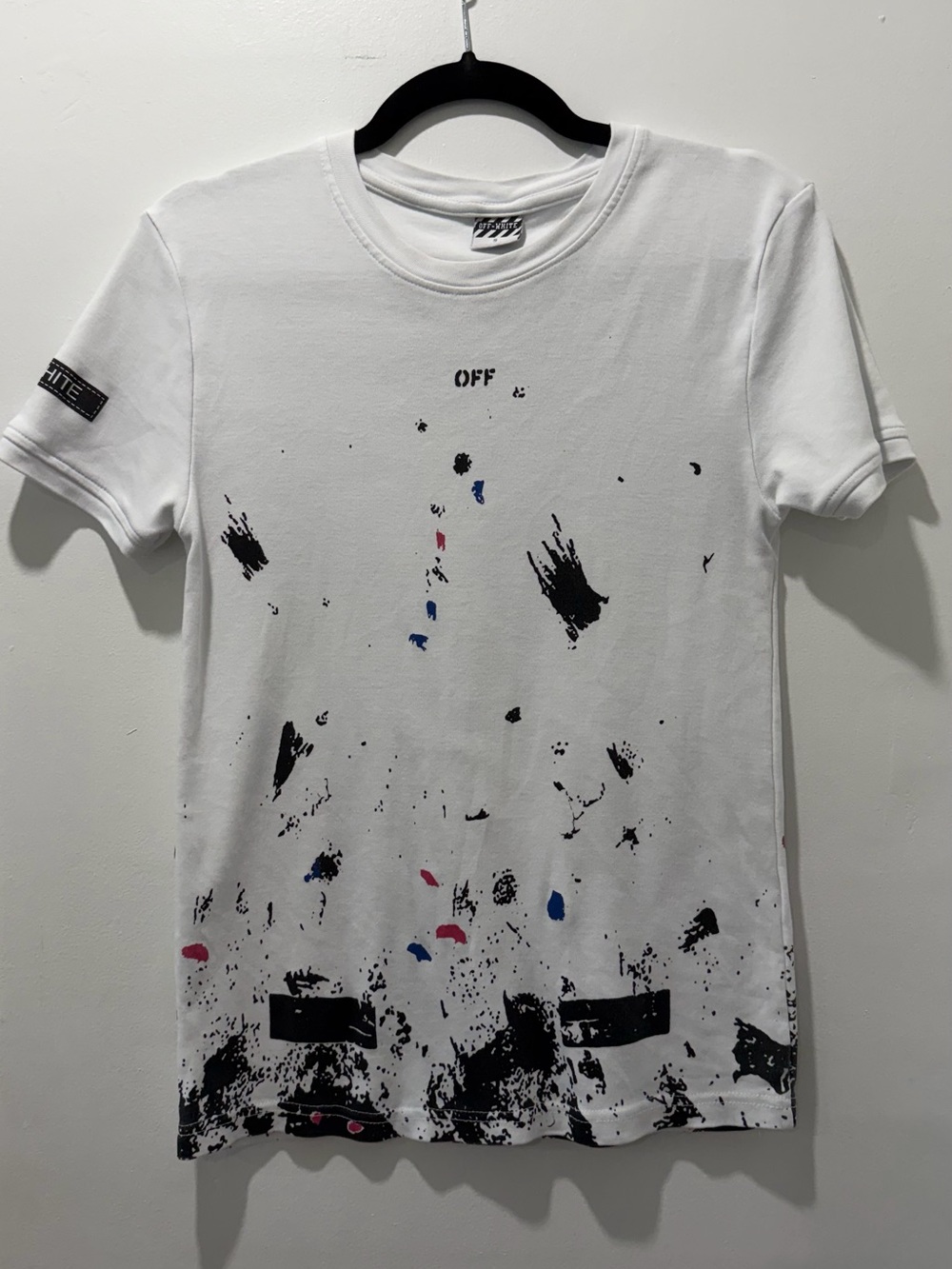 Off-White White Graphic Paint-Splatter Tee with Multicolor Accents